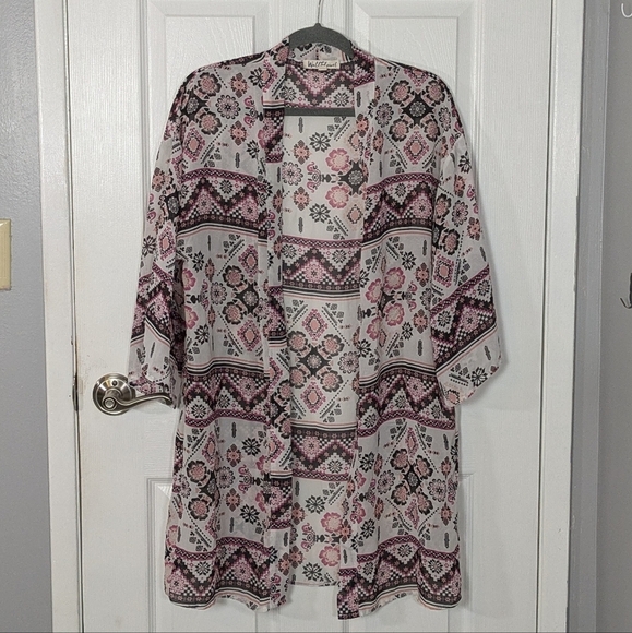 Wallflower Sheer Geometric Floral Print Bohemian Open Front Kimono‎ Top Size L - Picture 1 of 6
